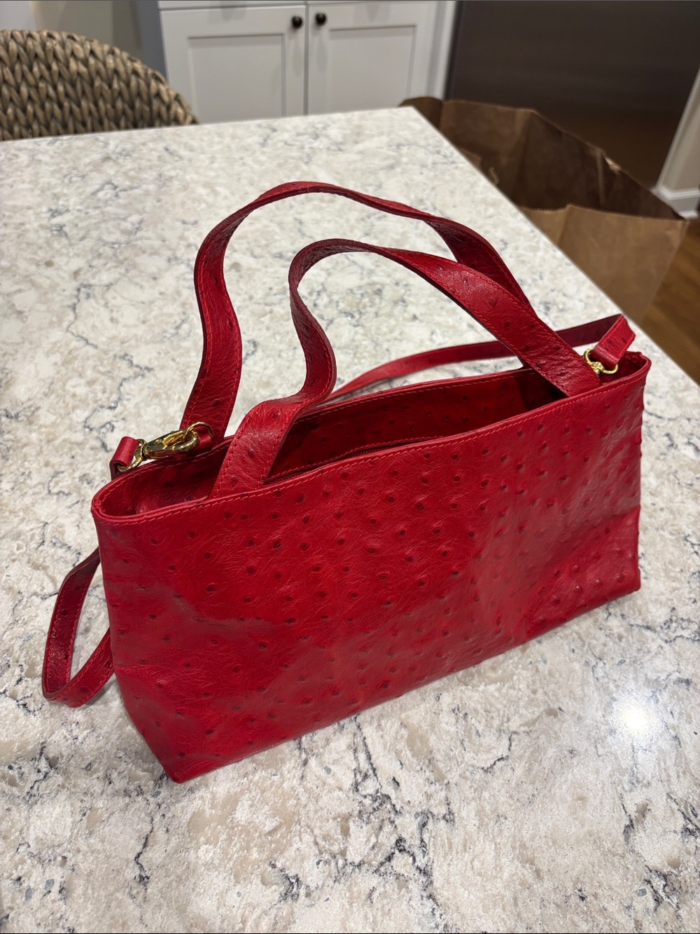 Tanner Krolle Red Ostrich-Texture Shoulder Bag with Gold Hardware